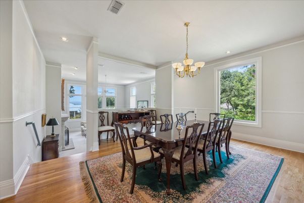 Chandelier, Dining room, Interior, Pendant Lights, Recessed Lighting, Wood Texture Flooring