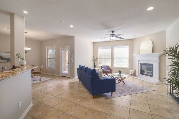 Dining room, Fireplace, Interior, Living room, Pendant Lights, Recessed Lighting