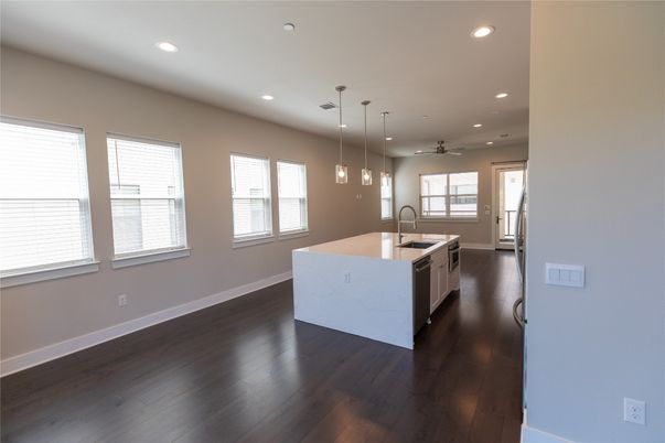 Interior, Kitchen, Pendant Lights, Recessed Lighting, Wood Texture Flooring
