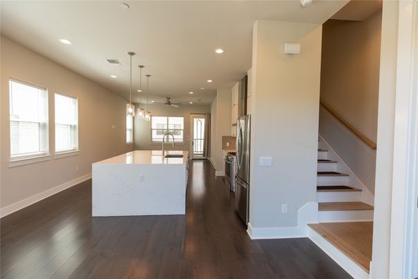 Interior, Kitchen, Pendant Lights, Recessed Lighting, Stainless Steel Appliances, Wood Texture Flooring