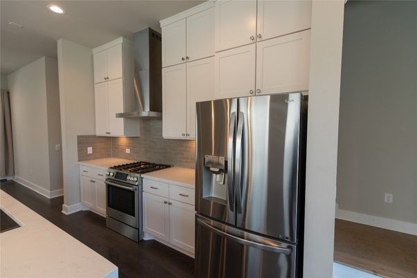 Interior, Kitchen, Recessed Lighting, Stainless Steel Appliances, Wood Texture Flooring
