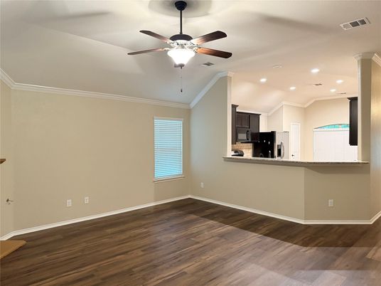 Empty room, Interior, Kitchen, Recessed Lighting, Wood Texture Flooring