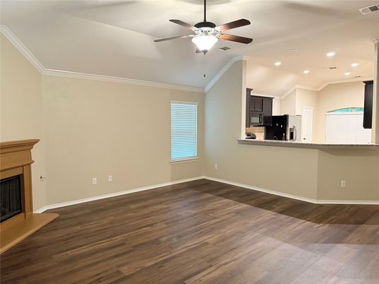 Empty room, Fireplace, Interior, Recessed Lighting, Wood Texture Flooring