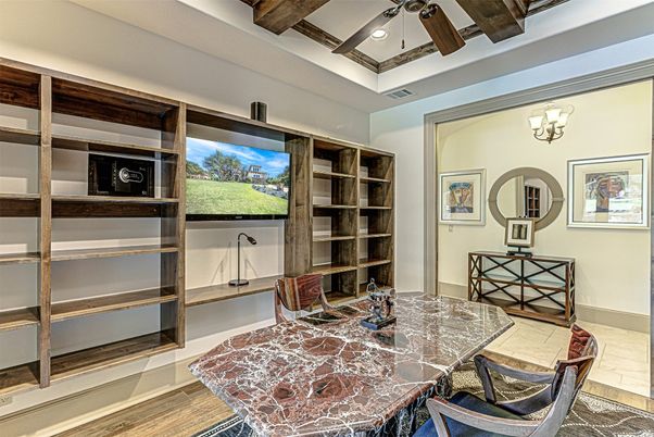 Dining room, Interior, Recessed Lighting, Wooden Beams, Wood Texture Flooring