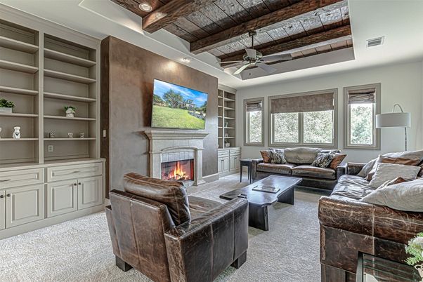 Fireplace, Interior, Living room, Recessed Lighting, Wooden Beams, Wooden Ceilings