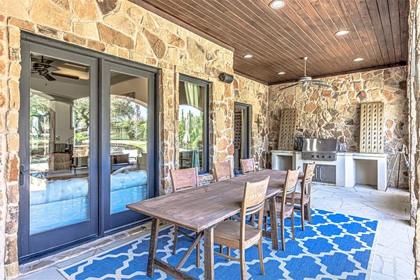 Dining room, Interior, Recessed Lighting, Stone Walls, Wooden Ceilings