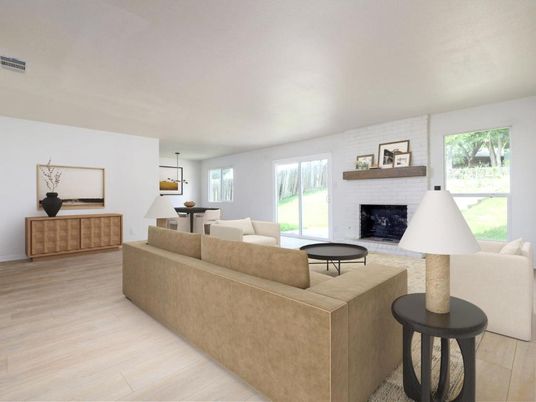 Dining room, Fireplace, Interior, Living room, Pendant Lights, Wood Texture Flooring