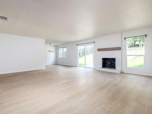 Empty room, Fireplace, Interior, Pendant Lights, Wood Texture Flooring