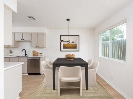 Dining room, Interior, Kitchen, Pendant Lights, Wood Texture Flooring