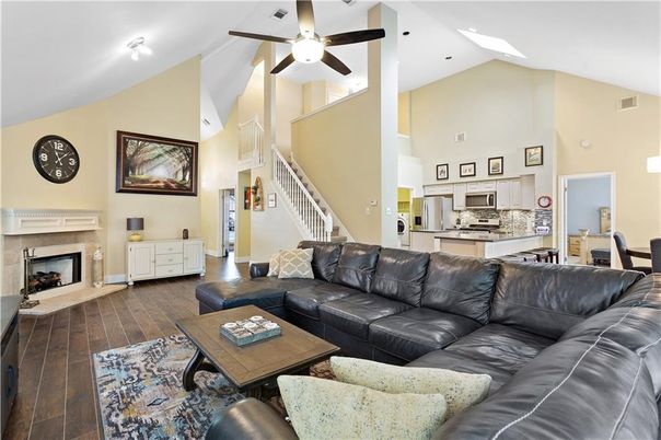 Fireplace, Interior, Kitchen, Living room, Stainless Steel Appliances, Wood Texture Flooring