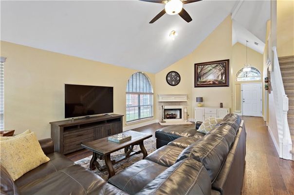 Fireplace, Interior, Living room, Pendant Lights, Wood Texture Flooring