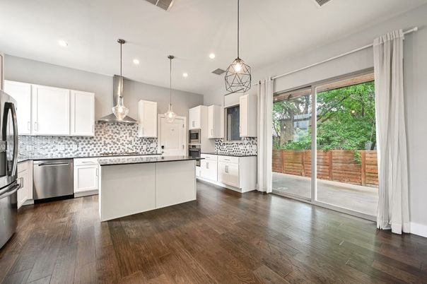 Interior, Kitchen, Pendant Lights, Recessed Lighting, Stainless Steel Appliances, Wood Texture Flooring