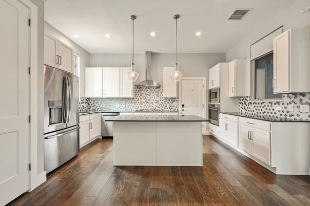 Interior, Kitchen, Pendant Lights, Recessed Lighting, Stainless Steel Appliances, Wood Texture Flooring