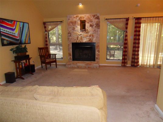 Fireplace, Interior, Recessed Lighting, Stone Walls