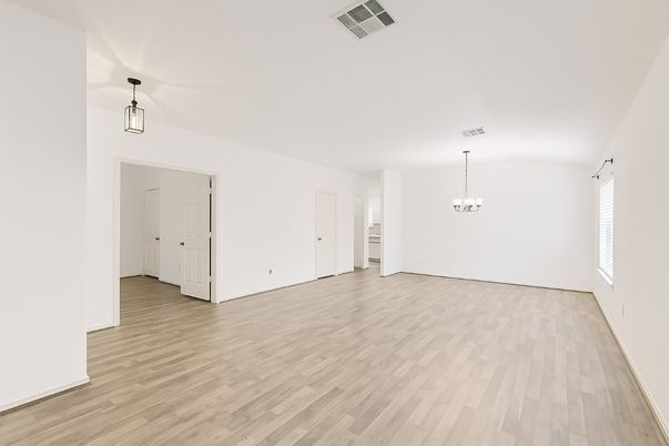 Chandelier, Empty room, Interior, Pendant Lights, Wood Texture Flooring