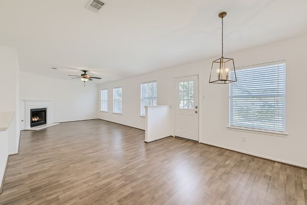 Empty room, Fireplace, Interior, Pendant Lights, Wood Texture Flooring
