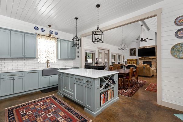 Dining room, Fireplace, Interior, Kitchen, Pendant Lights