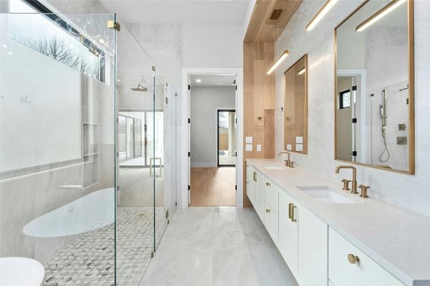 Bathroom, Dual Sink Vanities, Glass Shower, Interior, Recessed Lighting, Wood Texture Flooring
