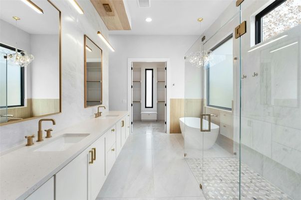 Bathroom, Dual Sink Vanities, Free Standing Baths, Glass Shower, Interior, Marble, Recessed Lighting