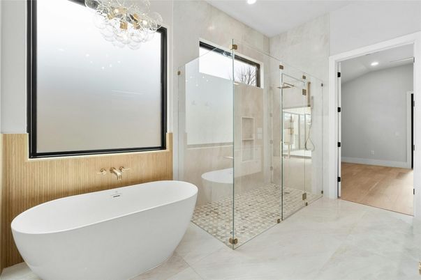Bathroom, Free Standing Baths, Glass Shower, Interior, Recessed Lighting, Wood Texture Flooring