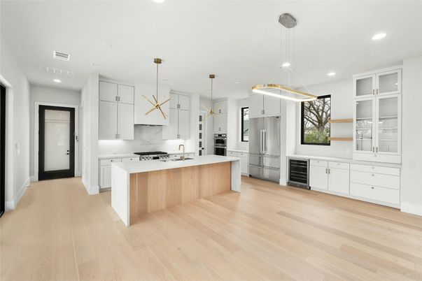 Interior, Kitchen, Pendant Lights, Recessed Lighting, Stainless Steel Appliances, Wood Texture Flooring