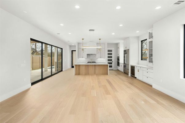 Interior, Kitchen, Pendant Lights, Recessed Lighting, Stainless Steel Appliances, Wood Texture Flooring