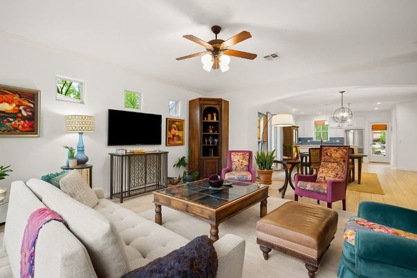 Chandelier, Interior, Kitchen, Living room, Recessed Lighting, Stainless Steel Appliances, Wood Texture Flooring