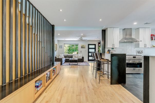 Interior, Kitchen, Living room, Recessed Lighting, Stainless Steel Appliances, Wood Texture Flooring