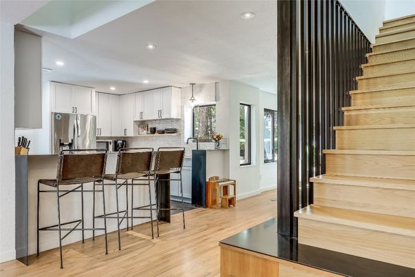 Interior, Kitchen, Pendant Lights, Recessed Lighting, Stainless Steel Appliances, Wood Texture Flooring