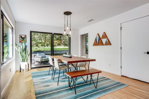 Dining room, Interior, Pendant Lights, Wood Texture Flooring