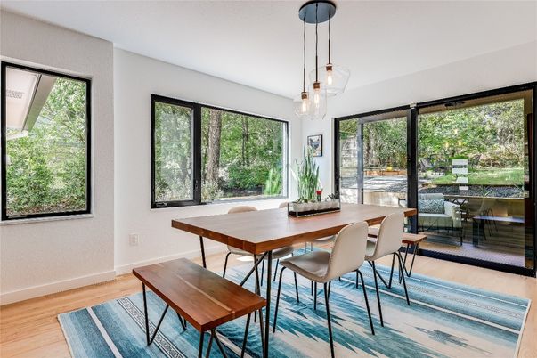 Dining room, Interior, Pendant Lights, Wood Texture Flooring