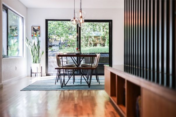 Dining room, Interior, Pendant Lights, Wood Texture Flooring