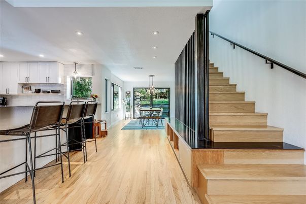 Dining room, Interior, Kitchen, Pendant Lights, Recessed Lighting, Wood Texture Flooring