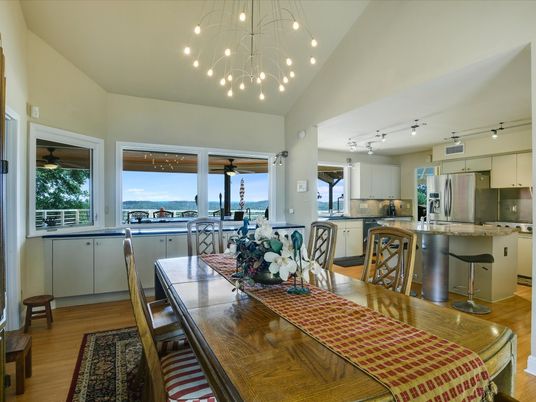 Dining room, Interior, Kitchen, Pendant Lights, Stainless Steel Appliances, Wood Texture Flooring