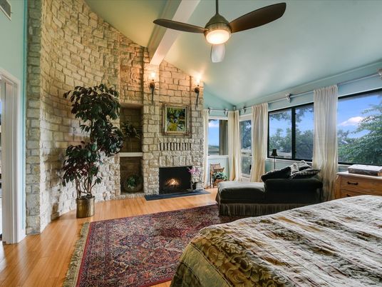 Bedroom, Fireplace, Interior, Stone Walls, Wood Texture Flooring