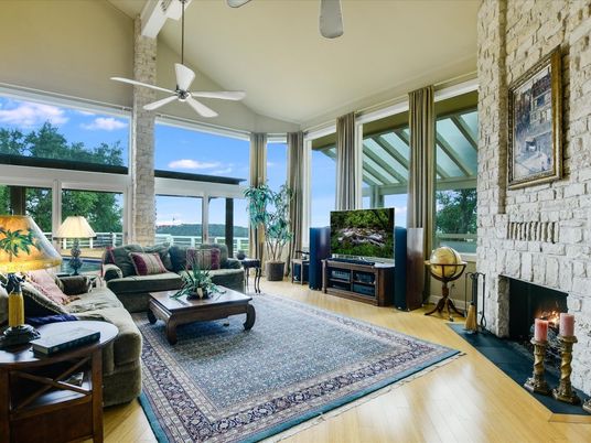 Fireplace, Interior, Living room, Stone Walls, Water, Wood Texture Flooring