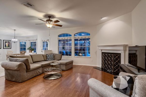 Dining room, Fireplace, Interior, Living room, Pendant Lights, Wood Texture Flooring