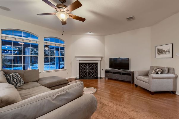 Fireplace, Interior, Living room, Recessed Lighting, Wood Texture Flooring