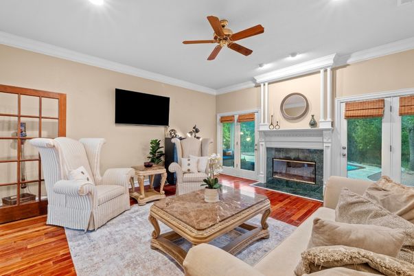 Fireplace, Interior, Living room, Recessed Lighting, Wood Texture Flooring