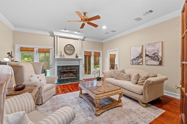 Fireplace, Interior, Living room, Recessed Lighting, Wood Texture Flooring