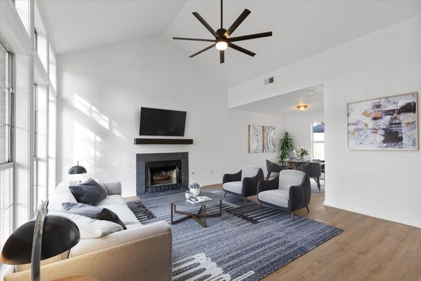 Dining room, Fireplace, Interior, Living room, Wood Texture Flooring