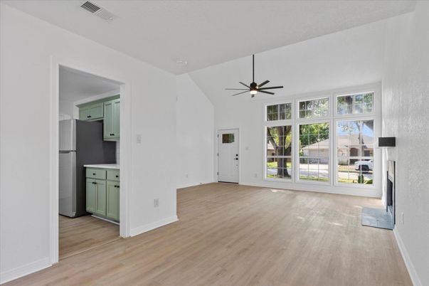 Empty room, Fireplace, Interior, Kitchen, Wood Texture Flooring