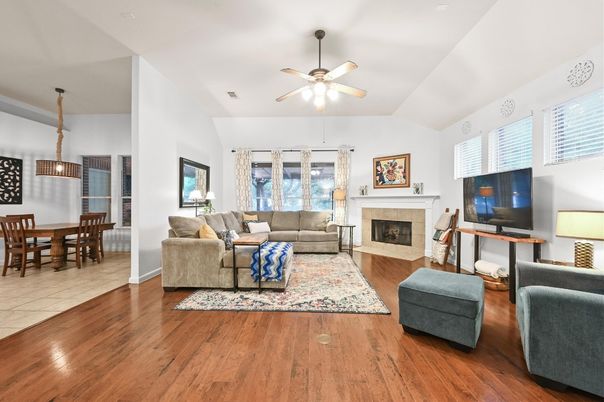 Dining room, Fireplace, Interior, Living room, Pendant Lights, Wood Texture Flooring