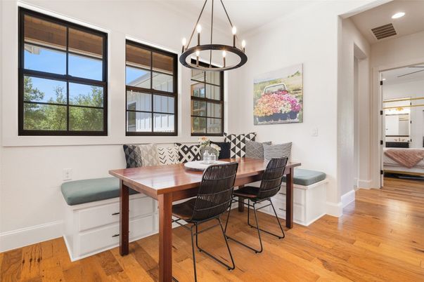 Dining room, Interior, Pendant Lights, Recessed Lighting, Wood Texture Flooring