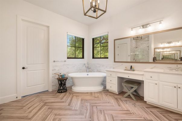 Bathroom, Dual Sink Vanities, Free Standing Baths, Interior, Wood Texture Flooring
