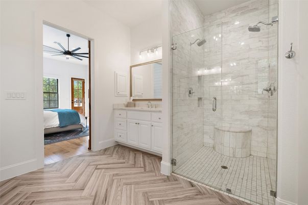 Bathroom, Bedroom, Glass Shower, Interior, Wood Texture Flooring