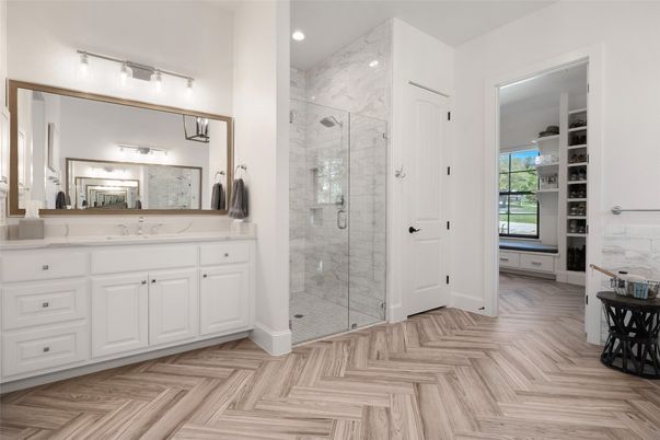 Bathroom, Glass Shower, Interior, Marble Walls, Recessed Lighting, Wood Texture Flooring