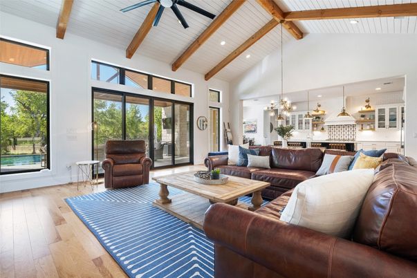 Interior, Kitchen, Living room, Pendant Lights, Recessed Lighting, Wooden Beams, Wood Texture Flooring
