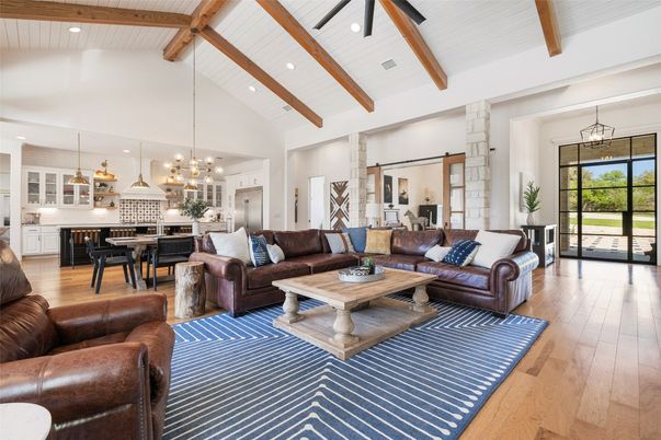 Dining room, Interior, Kitchen, Living room, Pendant Lights, Recessed Lighting, Stainless Steel Appliances, Wooden Beams, Wood Texture Flooring
