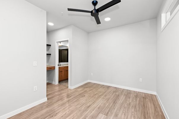 Bathroom, Empty room, Interior, Recessed Lighting, Wood Texture Flooring